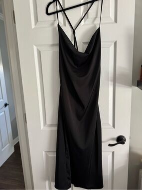 Black Slip Midi Dress with Cowl Neck